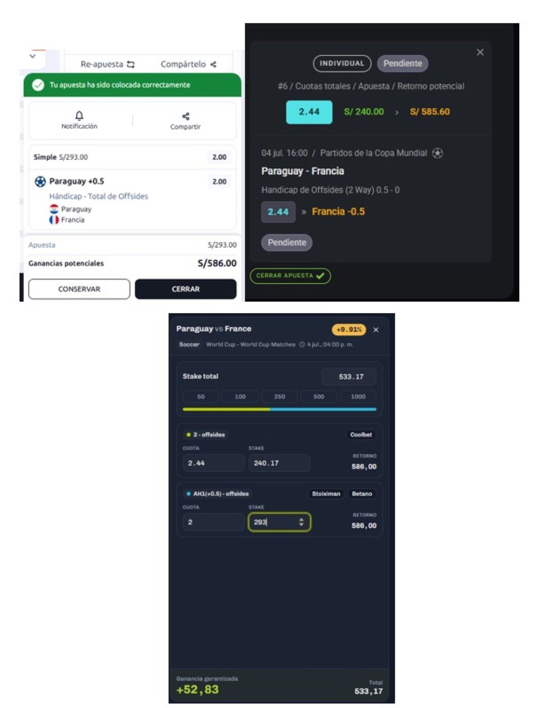 Surebet Paraguay – Francia (Offsides): los dos tickets colocados en casas distintas con retorno idéntico y la tarjeta del scanner con la ganancia asegurada de S/ 52.83