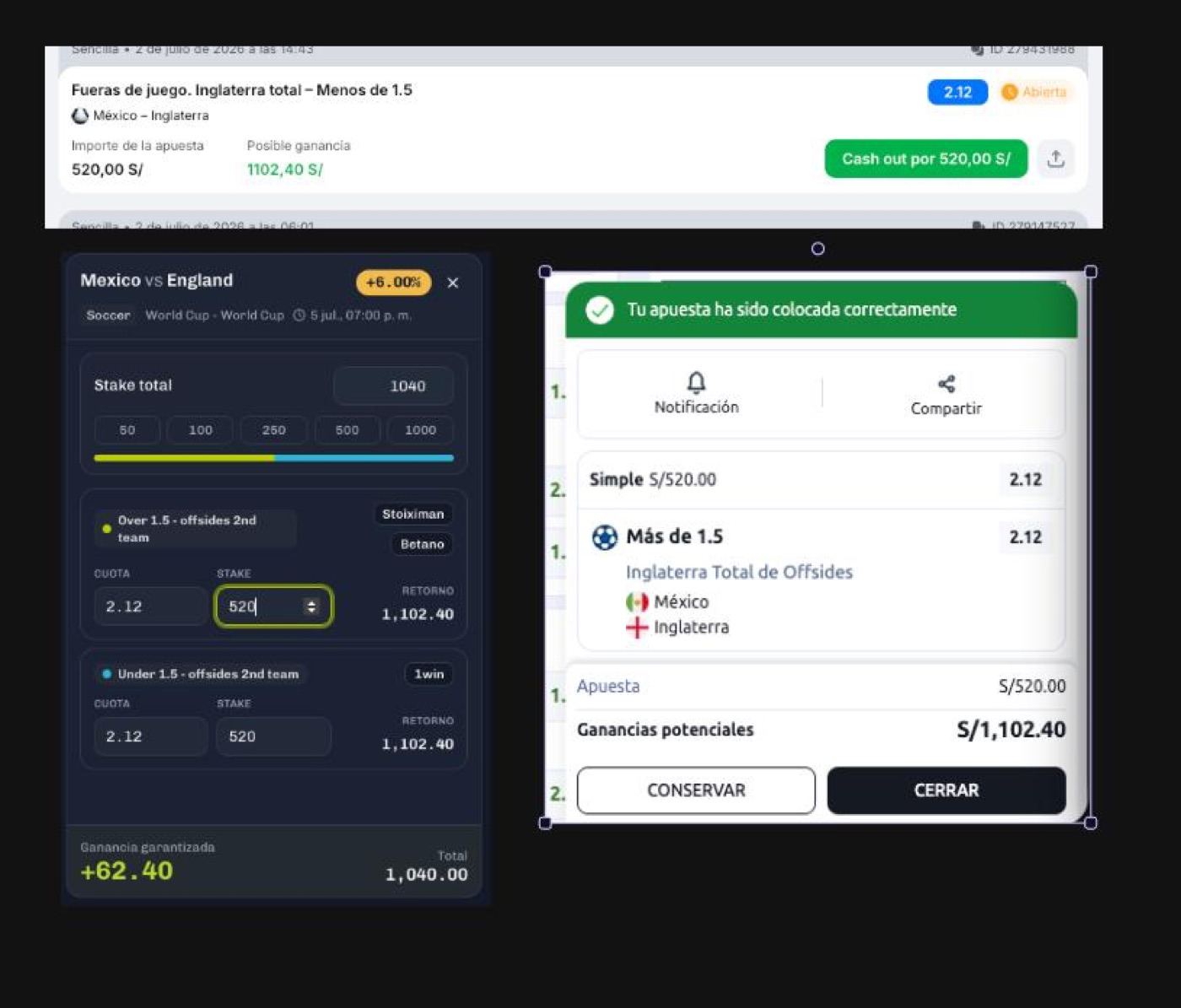 Surebet México – Inglaterra (Offsides): los dos tickets colocados en casas distintas con retorno idéntico y la tarjeta del scanner con la ganancia asegurada de S/ 62.40