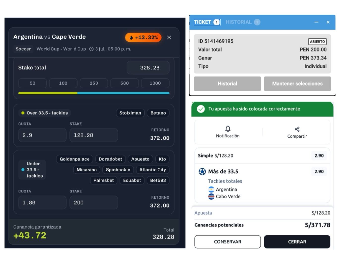 Surebet Argentina – Cabo Verde (Tackles): los dos tickets colocados en casas distintas con retorno idéntico y la tarjeta del scanner con la ganancia asegurada de S/ 43.72