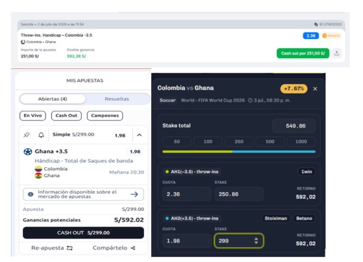 Surebet Colombia – Ghana (Throw-ins): los dos tickets colocados en casas distintas con retorno idéntico y la tarjeta del scanner con la ganancia asegurada de S/ 42.16