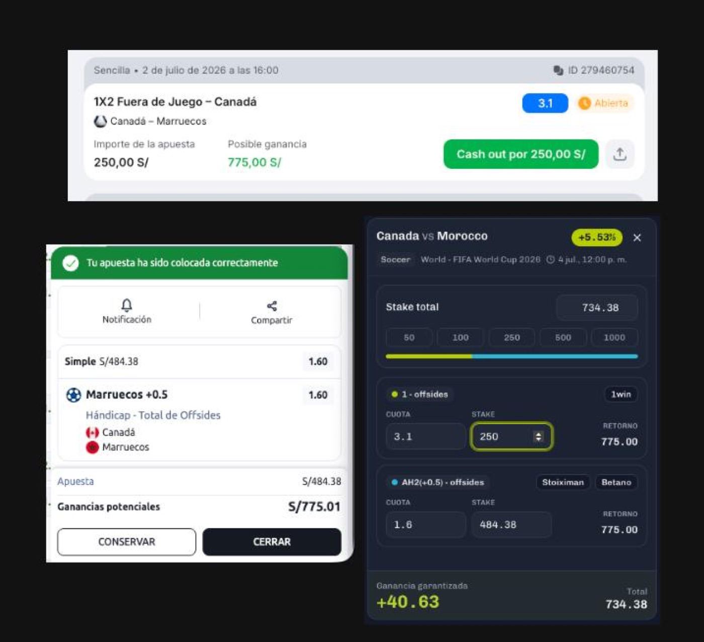 Surebet Canadá – Marruecos (Offsides): los dos tickets colocados en casas distintas con retorno idéntico y la tarjeta del scanner con la ganancia asegurada de S/ 40.63