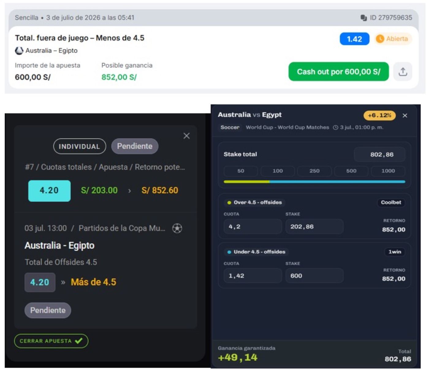 Surebet Australia – Egipto (Offsides): los dos tickets colocados en casas distintas con retorno idéntico y la tarjeta del scanner con la ganancia asegurada de S/ 49.14
